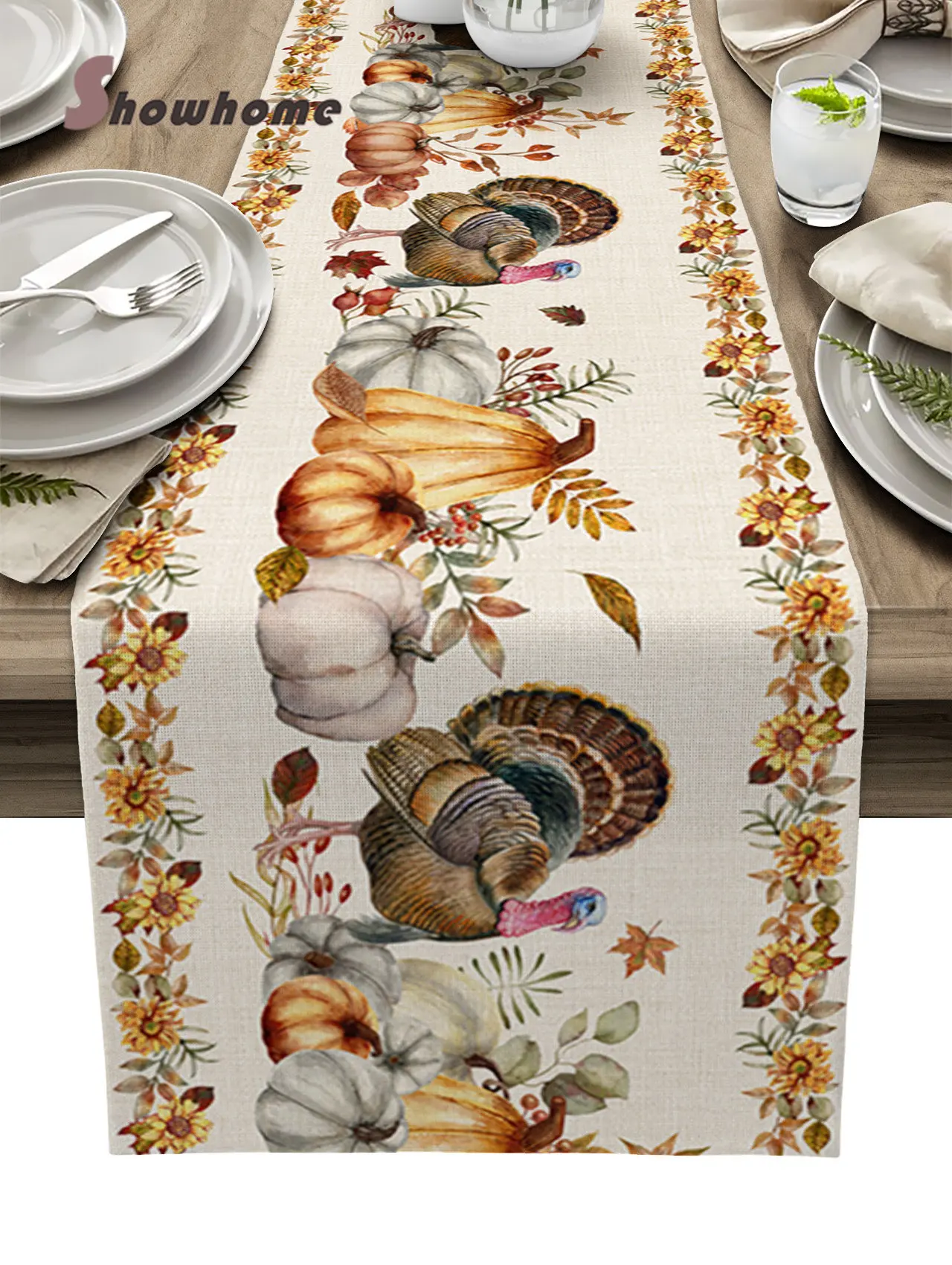Thanksgiving Pumpkin Turkey Table Runner Wedding Party Decor Tablecloth