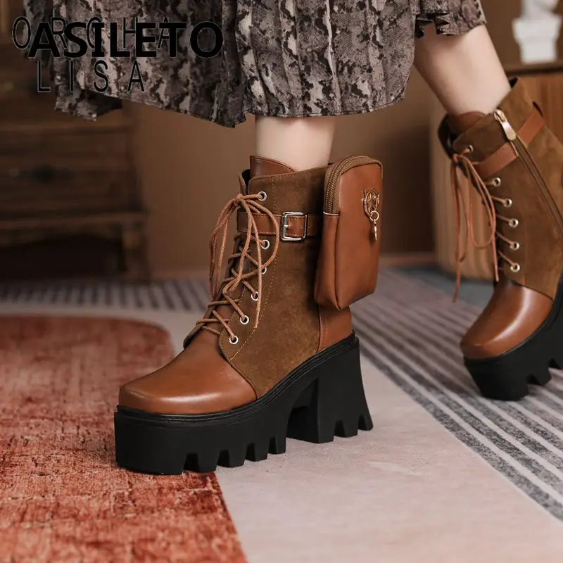 

ORCHA LISA New Women Ankle Boots Square Toe Chunky Heels 9cm Platform 5cm Zipper Lace Up With Pocket Suede Splice Big Size 43 44