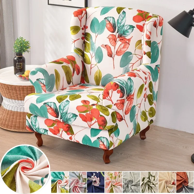 

Flower Print Wing Chair Cover Stretch Spandex Armchair Covers Europe Non-Slip Relax Sofa Slipcovers with Seat Cushion Covers
