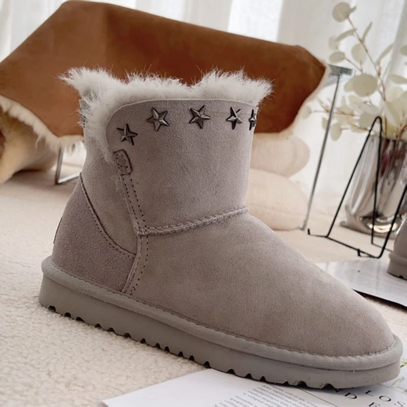 

New Top Winter Warm Women's Star Ankle Flat Real Leather Sheep Fur Casual Fashion Short Mini Snow Boot