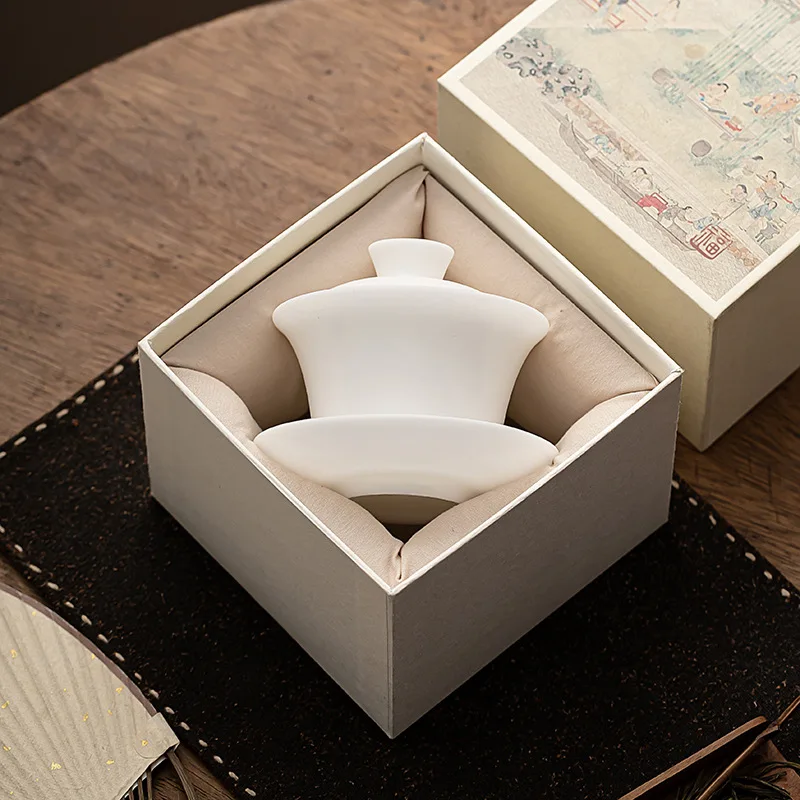 150ml Burnt Mutton Fat Jade White Porcelain Gaiwan Japanese Tea Tureen Tea Cover Bowl Ceremony Supplies Teaware Gift Box