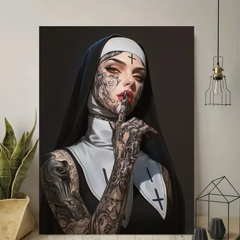 Stampa su tela con immagine di una suora tatuata, stampa su tela vintage elegante, per soggiorno, camera da letto e decorazioni per la casa