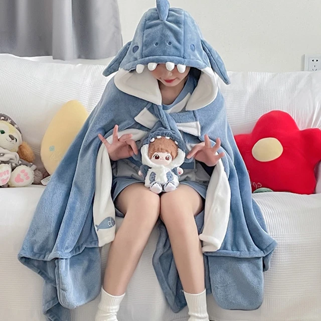 Cartoon Shark Blanket Soft Cozy Shark Shawl Cape Hooded Wearable