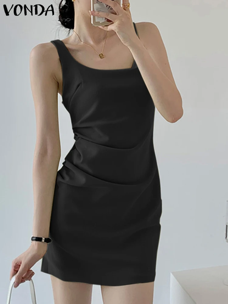 

VONDA Elegant Summer Office Dress Women Sexy Sleeveless Party Sundress High Street Solid Color Casual Pleated Mini Vestidos Robe