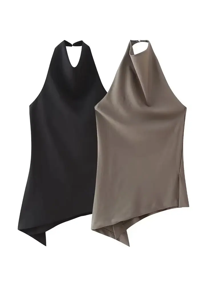 HH Womens Satin Halter Neck Top Asymmetrical Hem Sleeveless Blouse Elegant Party Club Summer Streetwear Crop Top 4