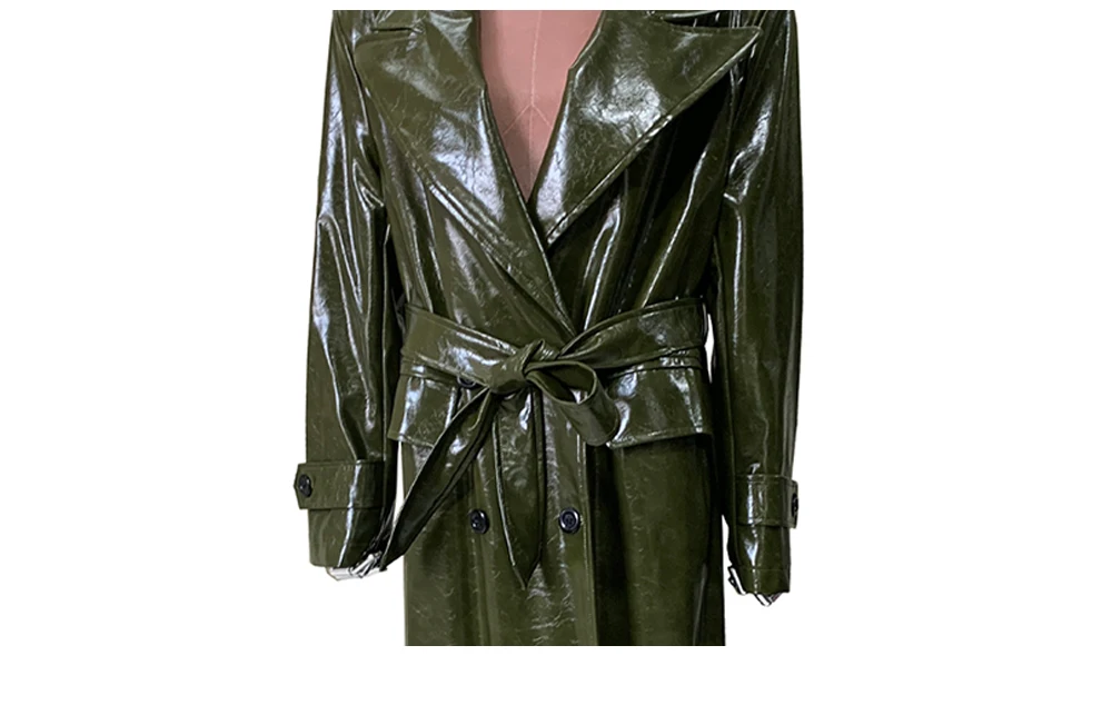 Spring Autumn Loose Extra Long Shiny Patent Faux Leather Trench Coat for Women Peaked Lapel Sahes Double Breasted Overcoat 2026