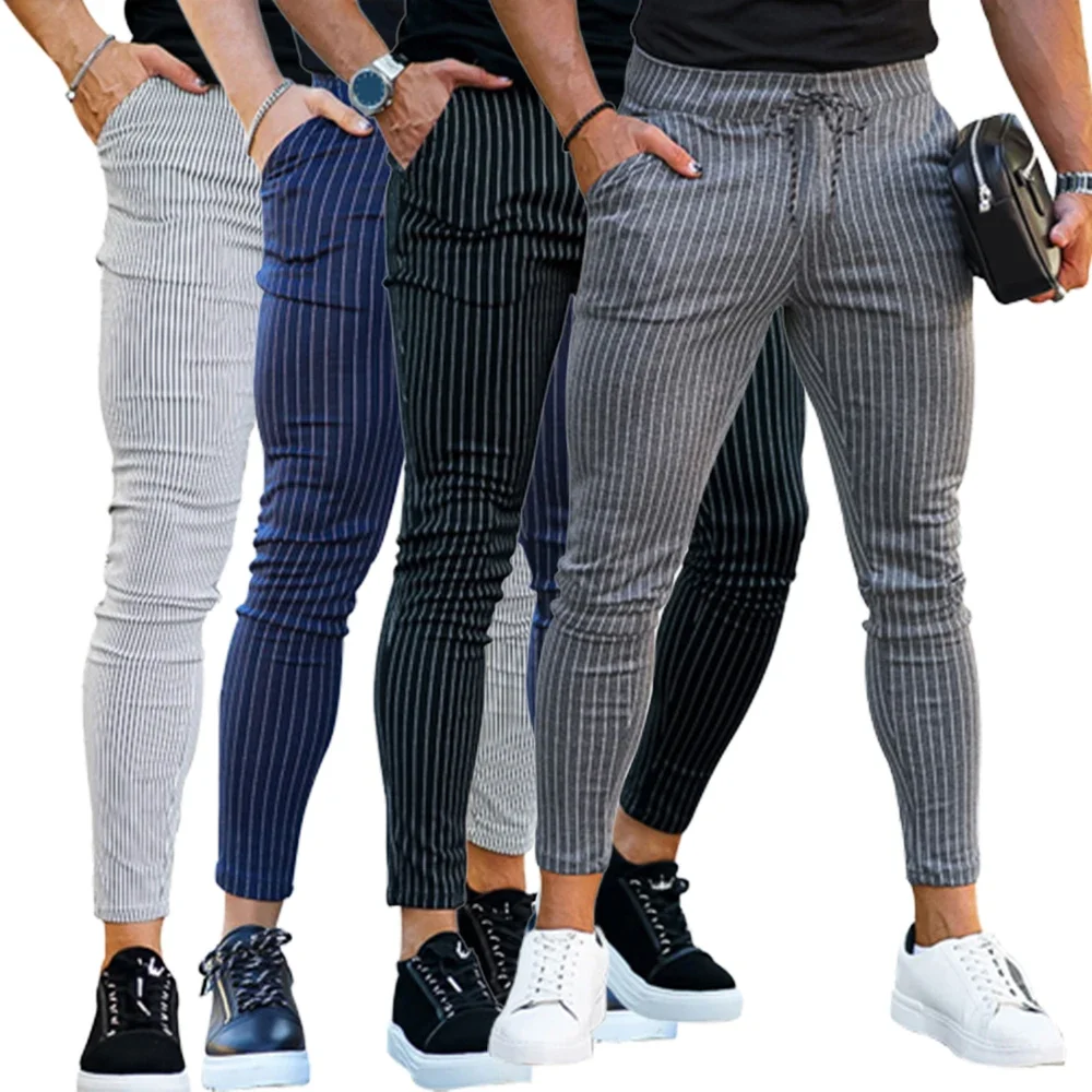 

Men Autumn Winter Casual Stripe Pants Man Trousers Skinny Business Work Formal Pants Slim Fit Fashion Male's Clothing Dress Pant