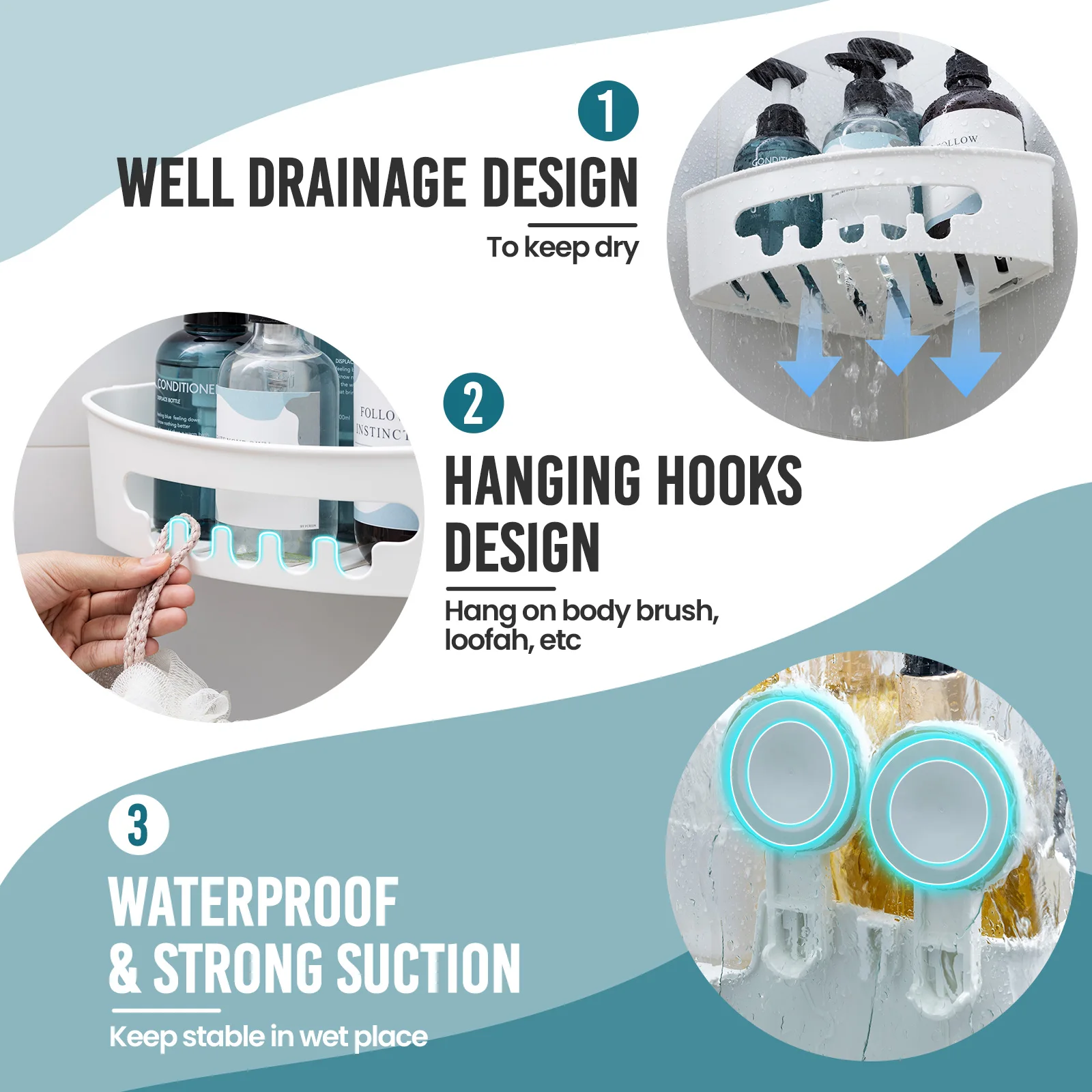TAILI Corner Shower Caddy Suction Cup No-Drilling Removable Shower Caddy Basket Powerful Suction Bathroom Shower Shelf Organizer 5