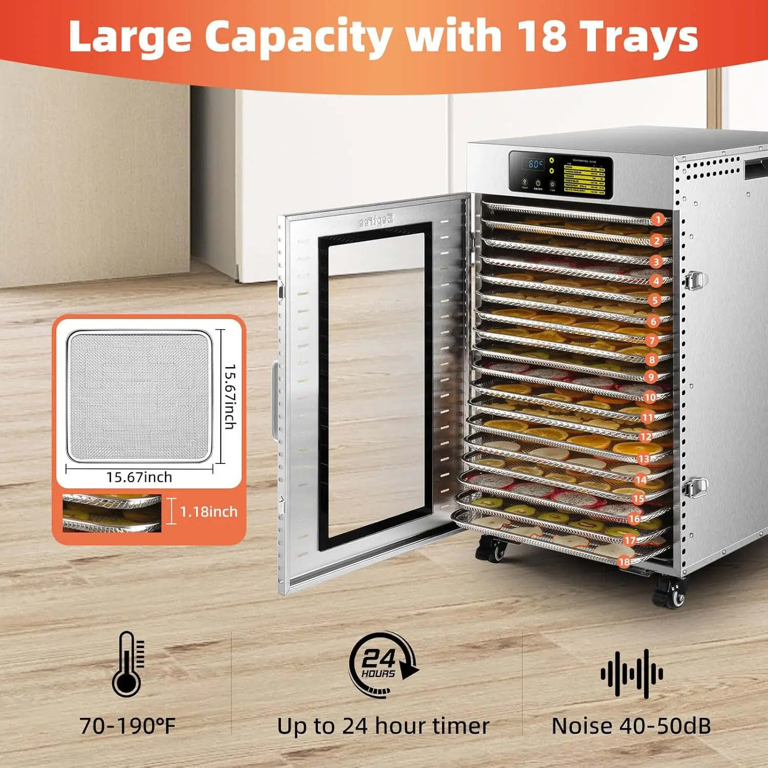 Food Dehydrator 18 Trays, 1500W Large Capacity 34.42ft² Food Dryer Machine for Jerky, Meat, Fruit, Herbs, Full Stainless Steel 4