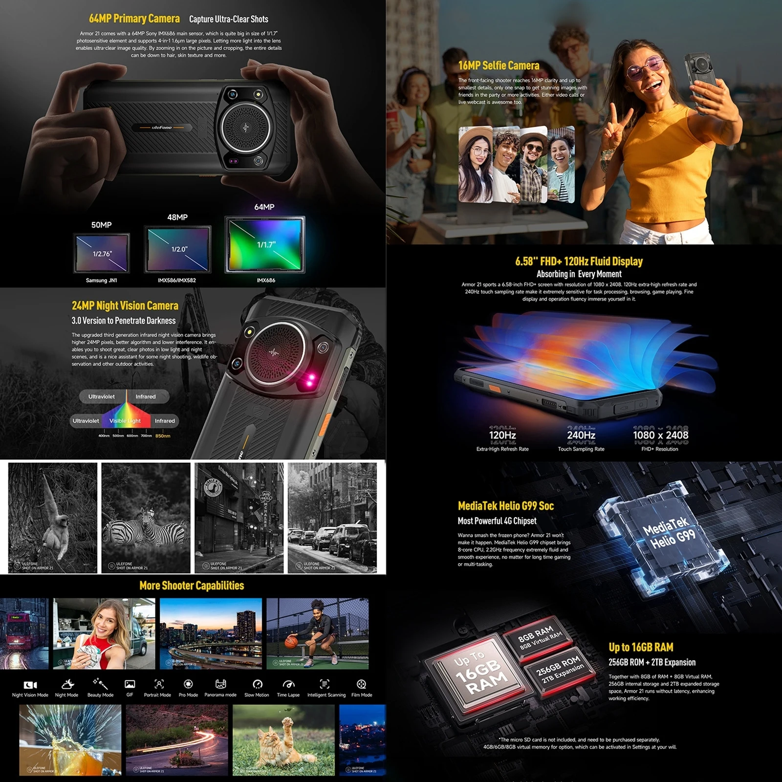 Ulefone Armor 21 8GB+256GB Rugged Phone Night Vision 9600mAh 6.58'' Android 13 Helio G99 NFC 4G Smartphone Global Version