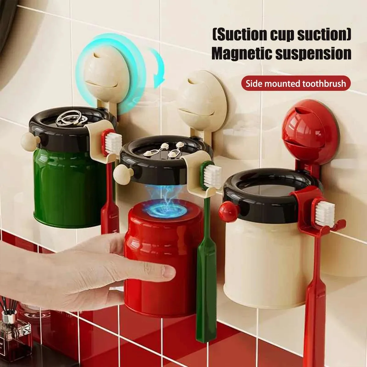 Suction Cup Toothbrush Holder No Punching And No Glue Teeth Cup Storage Bathroom Supplies Magnetic Mouthwash Holder