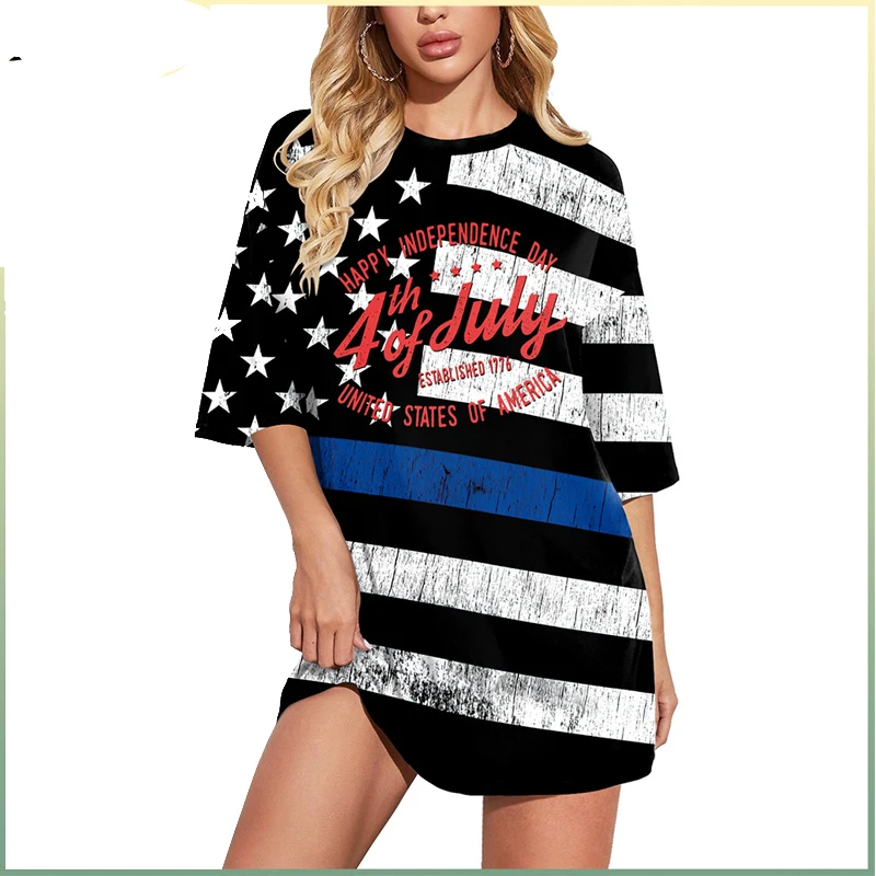 

New summer Oversized cross-border American Independence Day women's long T-shirt Plus size Casual loose digital printed T-shir