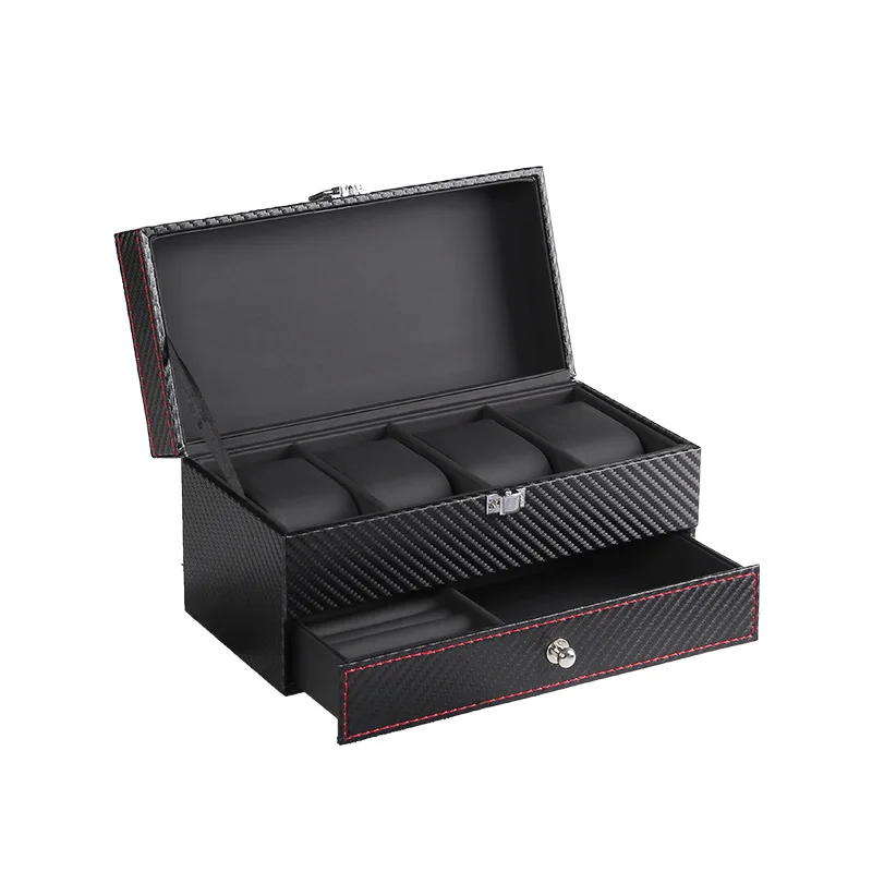 High Quality Carbon Fiber  Leather Case 4 Grid Double Layer Watch Box for Men and Women Jewelry  Organizer Display The Best Gift