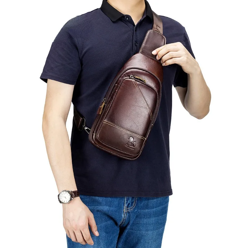 Men's Chest Bag Male Leather First Layer Cowhide Casual Men's Crossbody Bag Single Shoulder Bag New Style Fashion Dark Brown