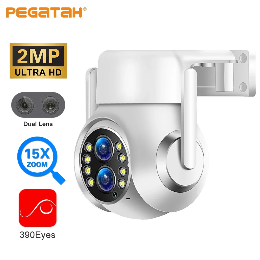 PEGATAH 2K 4MP Dual Lens 4mm -12mm 15X Zoom PTZ WiFi IP Camera Outdoor AI Human Tracking 2-Way Audio Smart Home Security Cameras