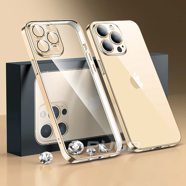Luxury Lens Protector Transparent Silicone Case For iPhone 13 12 11 Pro Max Mini X XS XR Plated Color Soft Slim Shockproof Cover gold