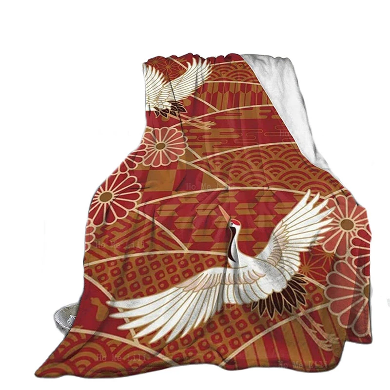 

Chrysanthemums Bird Asian Dancing Crane Pine Tree Vintage Design Animal Cozy Flannel Blanket For Couch Bed Camping Car Use