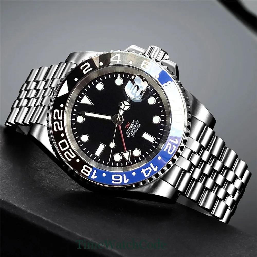

Tandorio 40mm NH34 Movement Automatic Men's Watch GMT Function Black Dial Sapphire Crystal Auto Date solid or 316L Bracelet