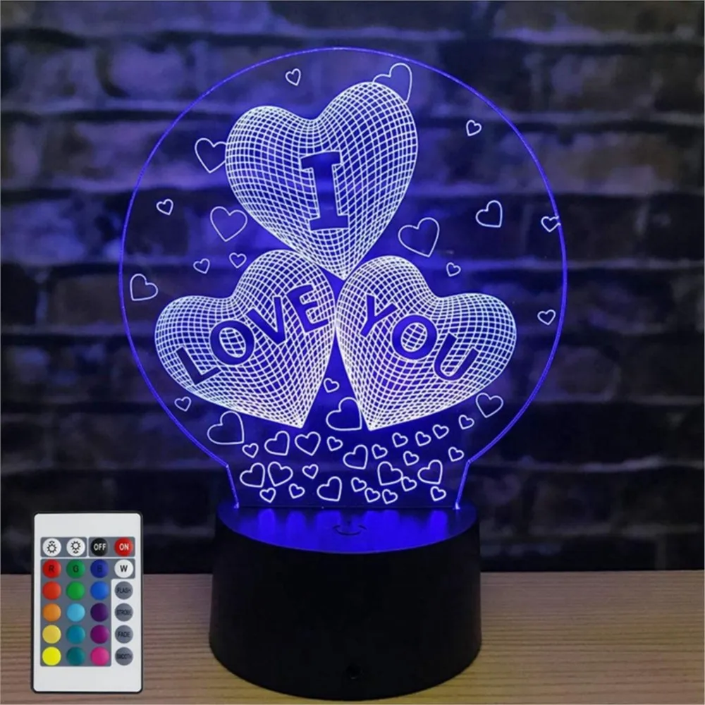 3D 러브 하트 비주얼 아크릴 램프, 컬러 야간 조명, 테이블 장식, 생일 발렌타인 데이 선물, 7, 16
