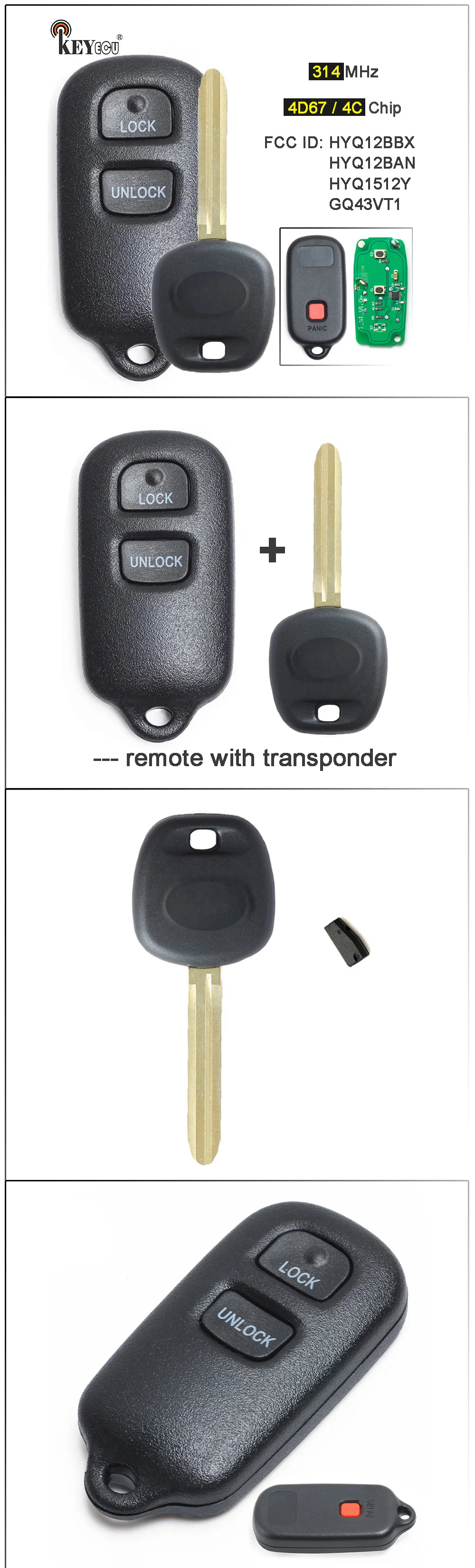 Keyforkess 314MHz 4 d67/4C Chip muslimex, HYQ12BBX, HYQ12BAN, HYQ1512Y portachiavi a distanza a 3 pulsanti per Toyota - Sfaaea7e5b8234abba638ca218fac67a75