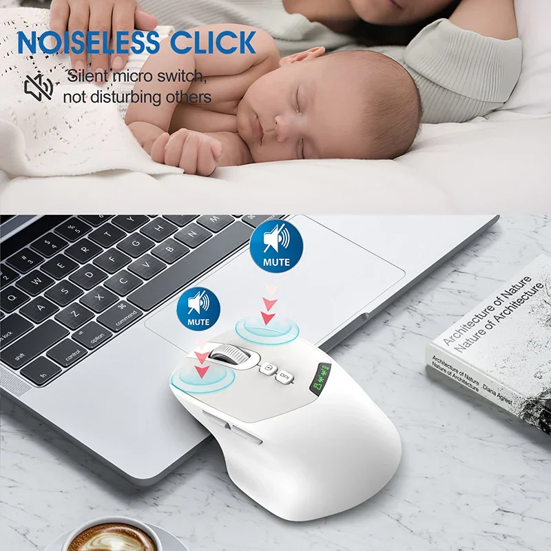 Dual Mode Wireless Bluetooth Mouse with Silent Click, Adjustable DPI & Rechargeable Battery Display