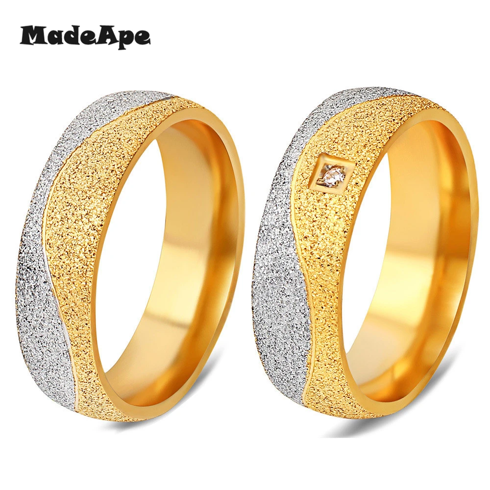 MadApe Gold Color Couple Crystal Ring Scrub Frosted Stainless Steel Wedding Rings For Women Or Men Jewelry