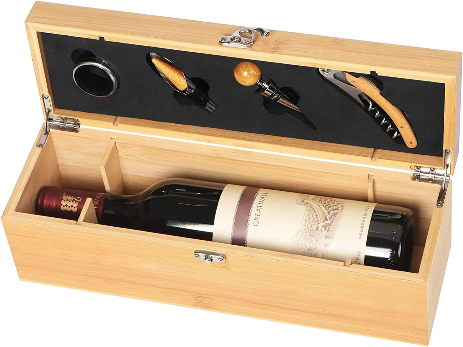 Wine Box with 4 Wine Accessories Set Gift for Men&Women Bamboo Case with Tool Set Storage Box Gift for Lover