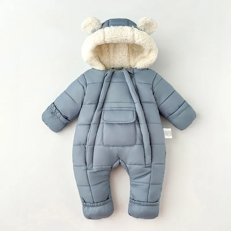 -30℃ Winter New Baby Boys Girls Rompers Solid Color Berber Fleece Lining Thick Warm Hooded Bodysuit For Kids One Piece Overalls 2