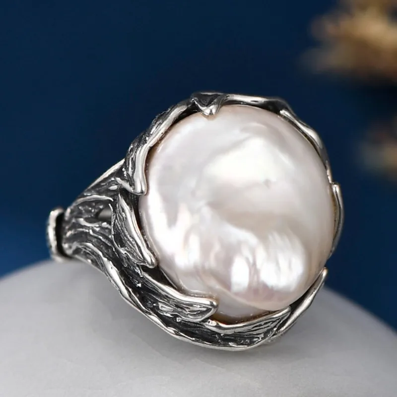 

Genuine Real S925 Sterling Silver Rings for Women New Fashion Baroque Freshwater Pearl Vintage Ethnic Style Jewelry Wholesale