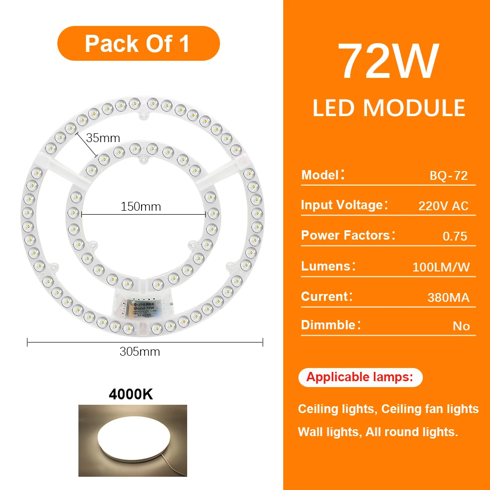 ตัวเลือกสินค้า แผง LED 220V โมดูล 72W สำหรับเพดานพัดลมไฟ