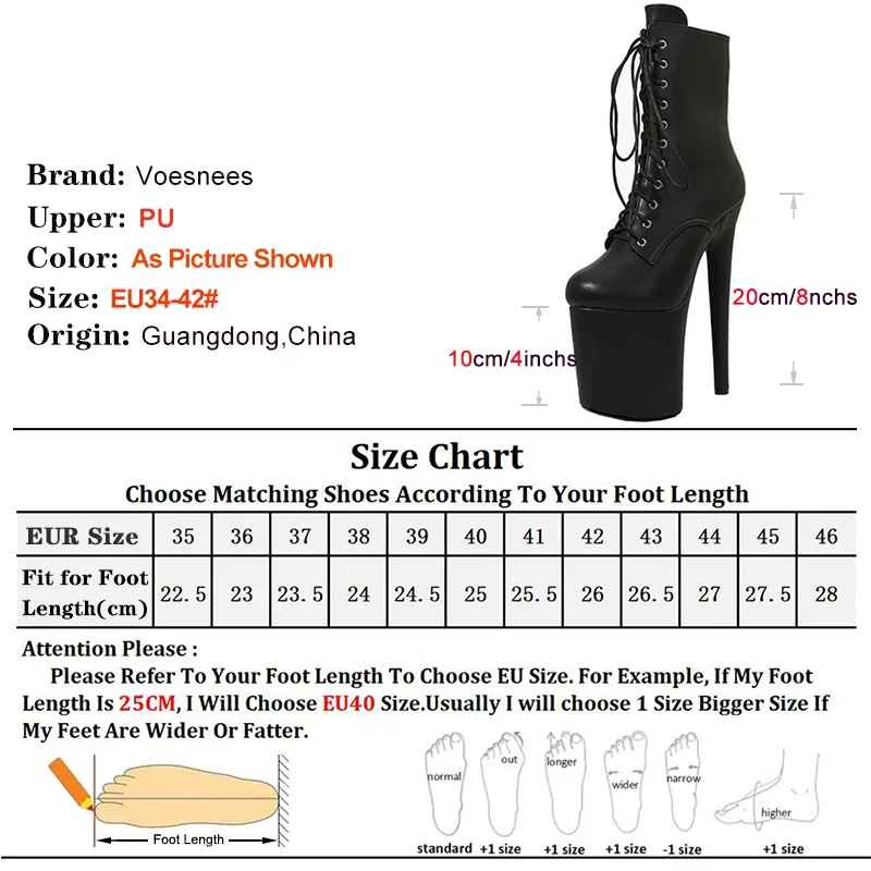 Black Matte 20CM 17cm 15cm Extreme High Heel Ankle Boots WESTERN Platform Lace Up Sexy Pole Dancing Ankle Boots Large Size 35-44