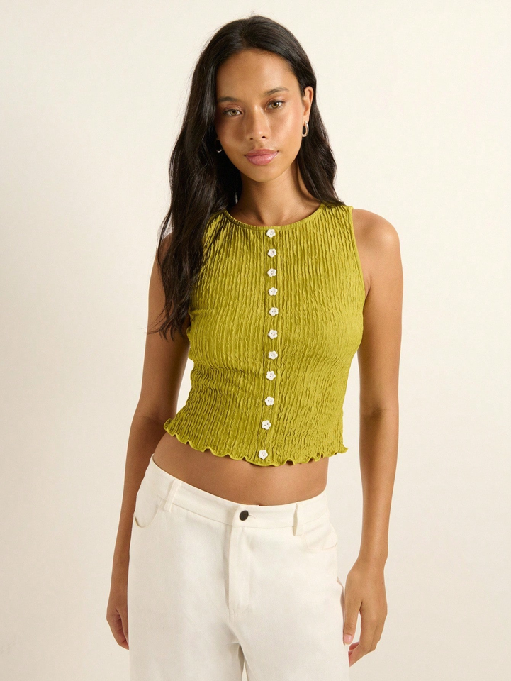 Olive green sleeveless top with delicate floral buttons and sweet agar-rimmed hemline for ladies vest sleeveless summer beach