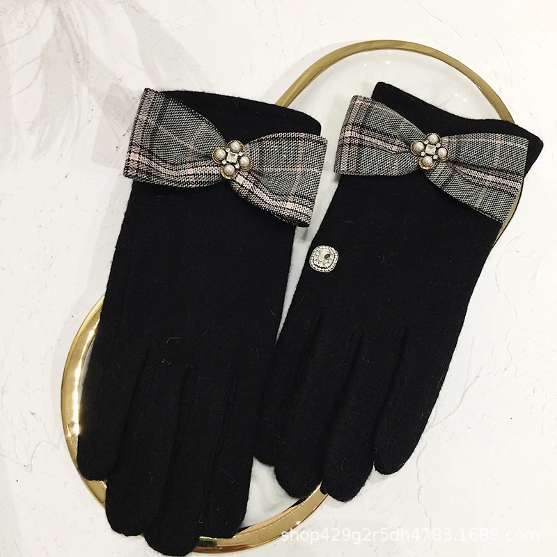 2020 Jesień/Zima Nowe Podzielone Palce Cookie Brytyjski Wzór Kokarda Styl Wełna Kaszmir Rękawiczki dla Kobiet_voghion.com