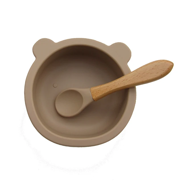 New Colors Feeding Set Food Grade Silicone Bibs Baby Plate Non-silp Suction Bowl Kids Tableware Waterproof Bib BPA Free Spoon Taupe