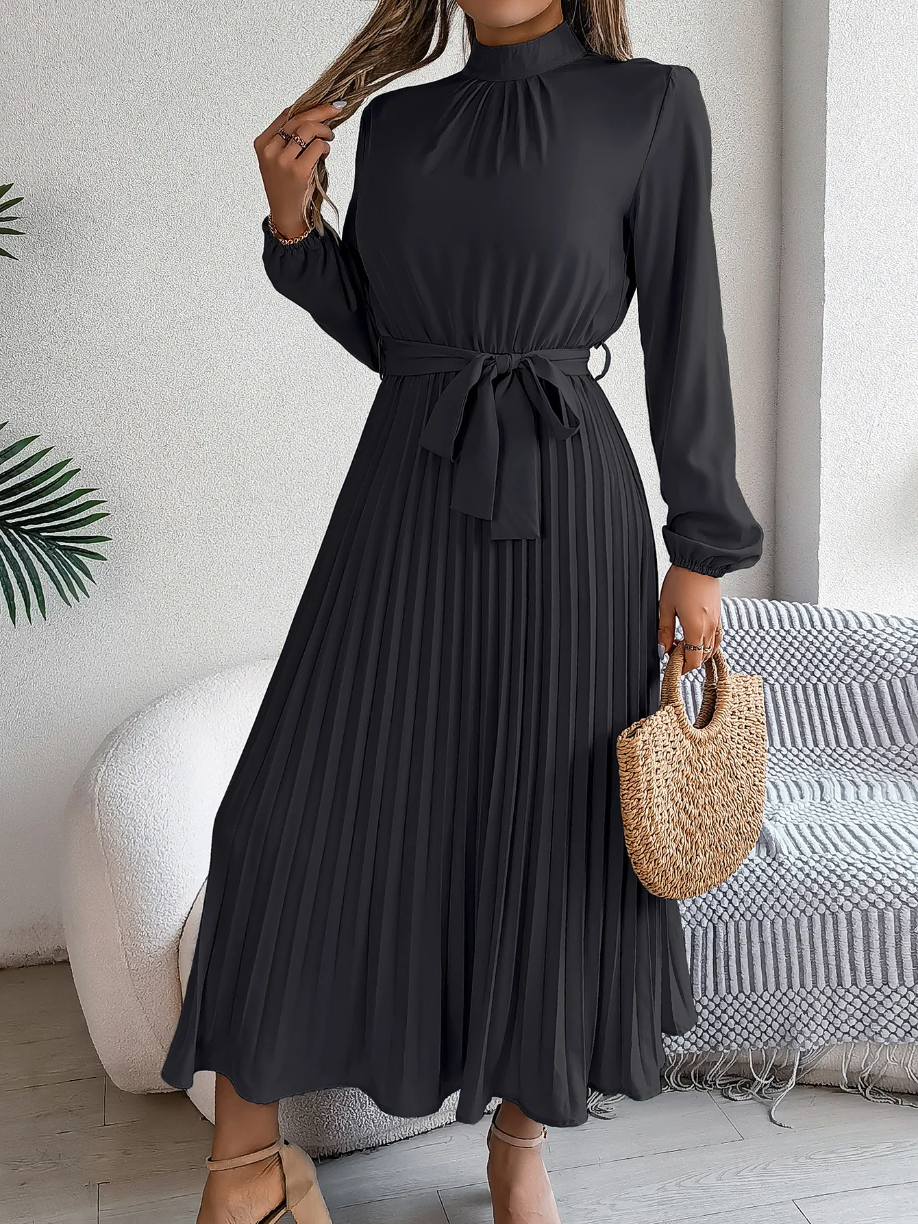 Solid Stand up Collar Bridesmaid Dress Spring Summer Casual Elegant Long Sleeve Waist Cinched Pleated Long Dresses for Women