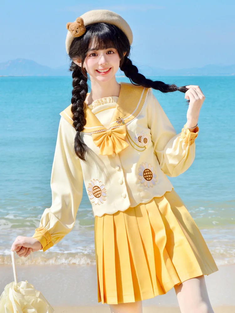 

Sweet Lolita JK Uniform Set Sunflower Original Japanese Long Sleeve Student Cute Sailor Costume Cos Loli Tea Party Top+Skirt