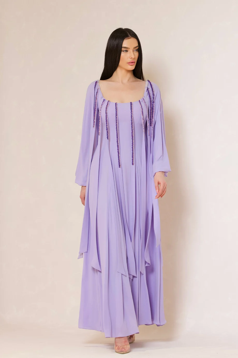 

Welove Square Collar Womens Dresses Rhinestones Lantern Sleeves 2023 Pleated Ankle Length A Line Chiffon Dresses for Prom