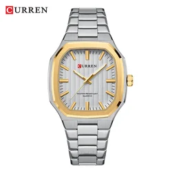 Luxury Square Quartz Watch with Classic Stripe Dial and Stainless Steel Band (Silver gold)