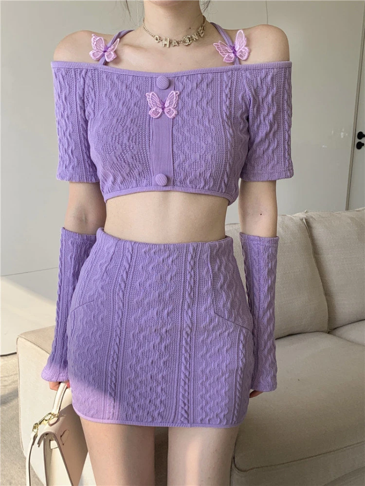 Purple Y2k Skirt Suits Women New Butterfly Halterneck Cropped Tops Sleeve + Skirt Two Piece Sets Woman Summer New