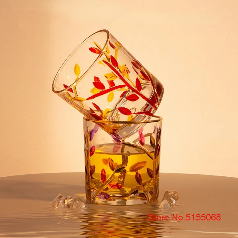 Design By Zecchin Murano Italy Art Multi-Color Glass Liquor Tumbler Colorful Relief Hand Painted Leaf Whiskey Cup Wine Glasses