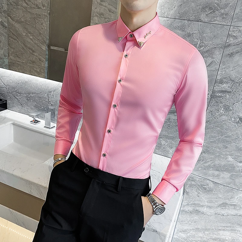 

Plus Size 7XL-S Korean Style Slim Fit Long Sleeves Fine Shirt Men Spring Fall Solid Color Dress Shirt Male Business Casual Shirt