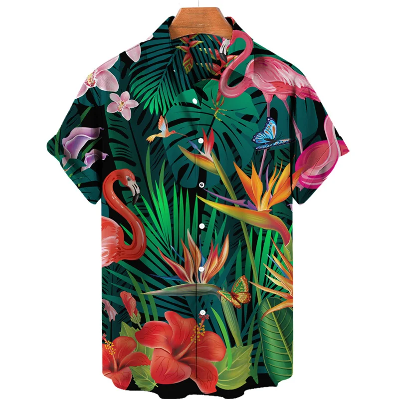 thumbnail image 1 of Camisa hawaiana con estampado 3D de flamencos de jungla tropical para hombre, blusa holgada de manga corta de verano estilo urbano de estilo Harajuku con solapa y botones, 1 of 5