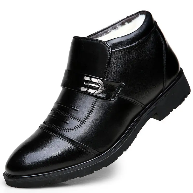 Quality High Top Formal Dress Shoes Winter Men\'s Genuine Leather Boots 2023 Elegant Warm Plush Ankle Boots Male Office Father