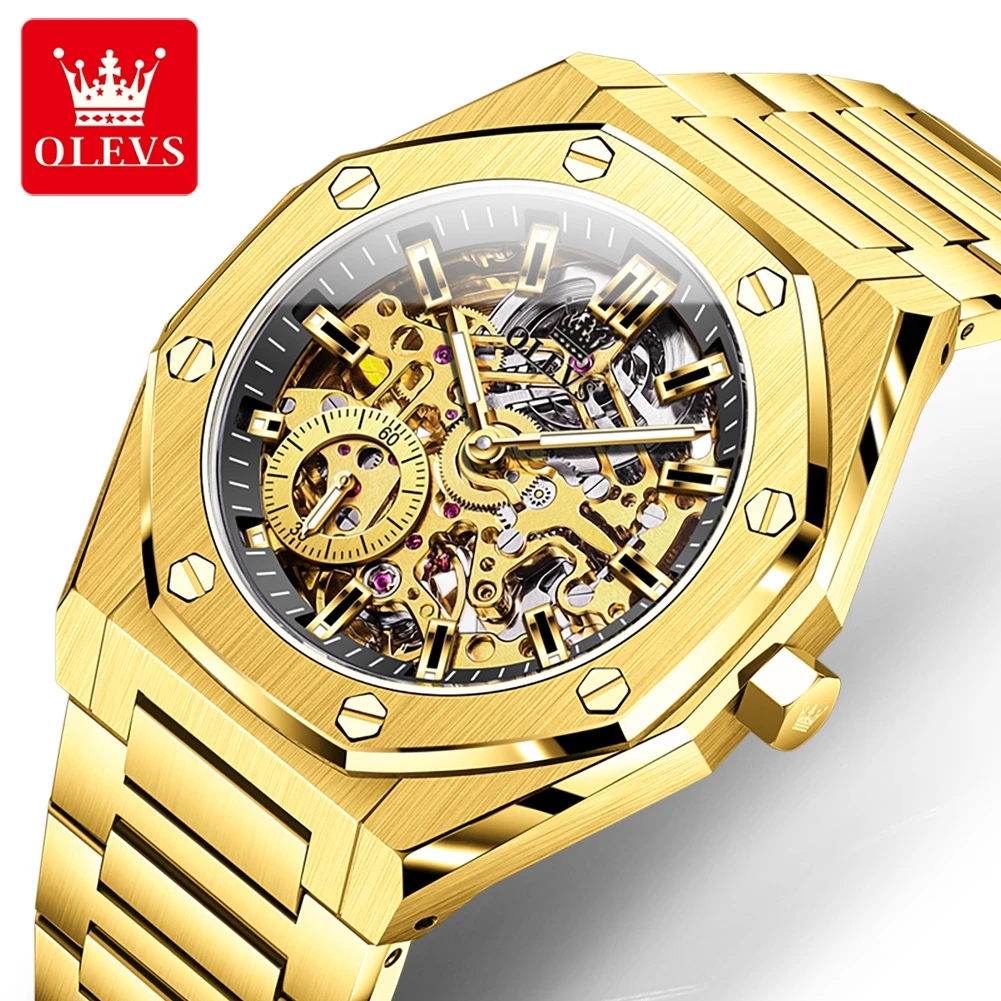 

OLEVS Gold Steel Men's Skeleton Automatic Mechanical Watch Fashion Man Wrist Watches Waterproof Steel Strap Watch Reloj Hombre