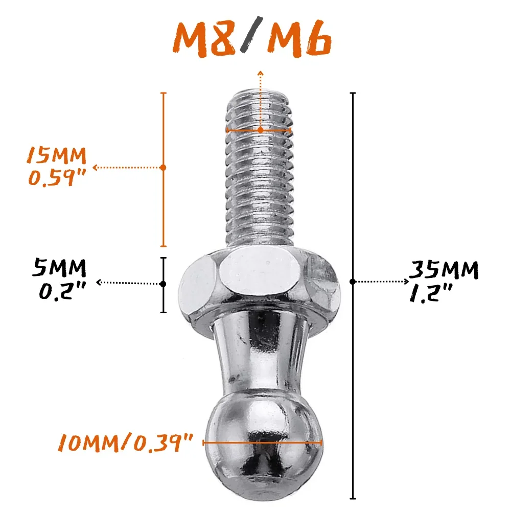 10mm M6 M8 Ball Stud Bolt Screw Gas Spring Lift Support Strut Ball Joint Thread Ended Fitting Universal Qty(4)