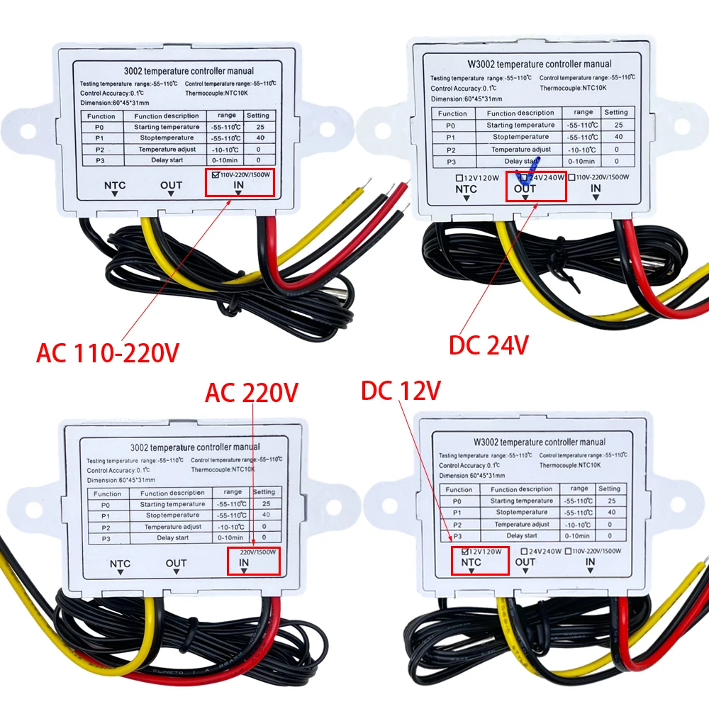 12V 24V 110V 220V Digital Temperature Controller Professional W3002 Digital LED Temperature Controller 10A Thermostat Regulator XH-3002
