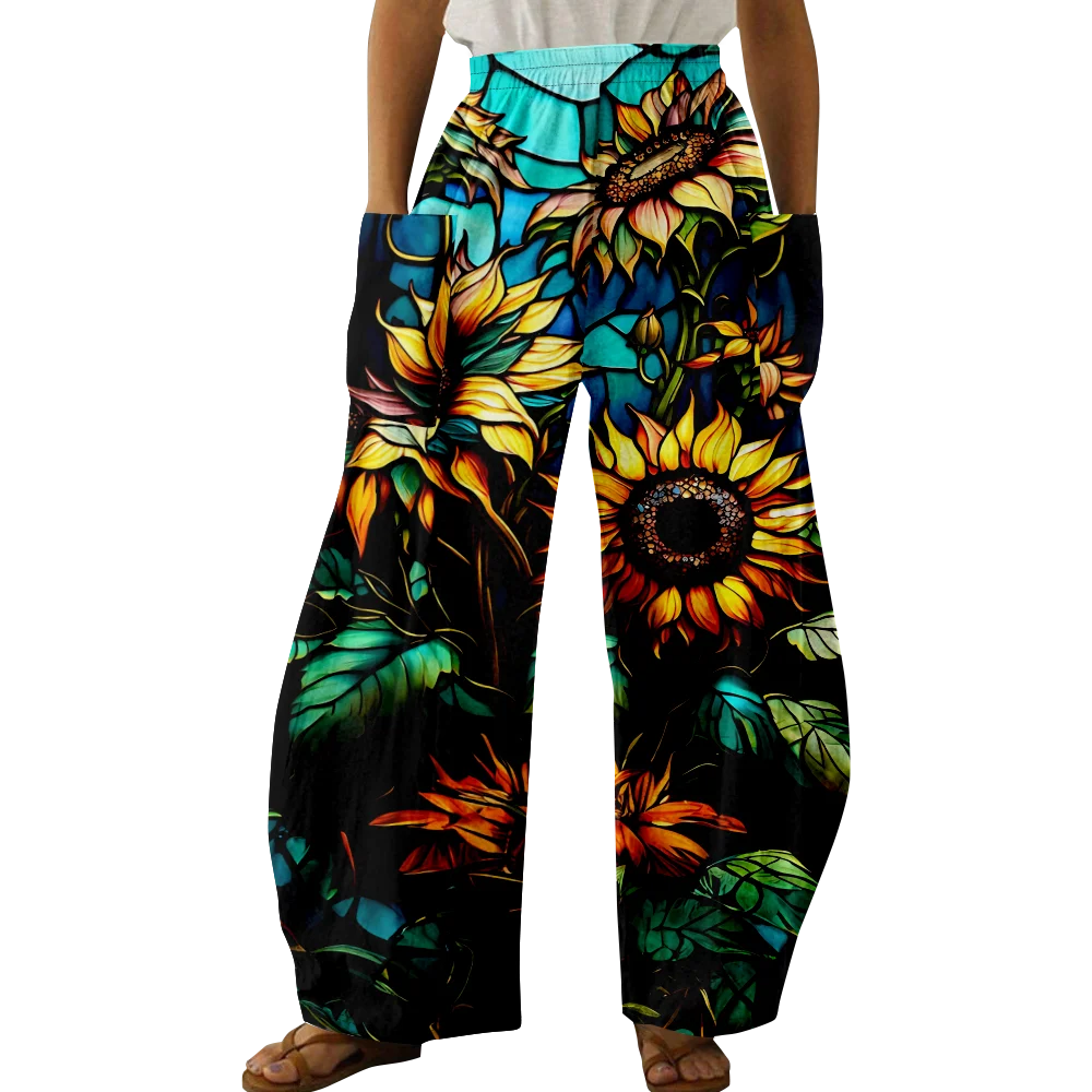 Spring Stylish Sunflower Pants Summer Casual Trousers Women Harajuku Y2K Trousers Loose Pants Pocket Wide Leg Pants Pantalon