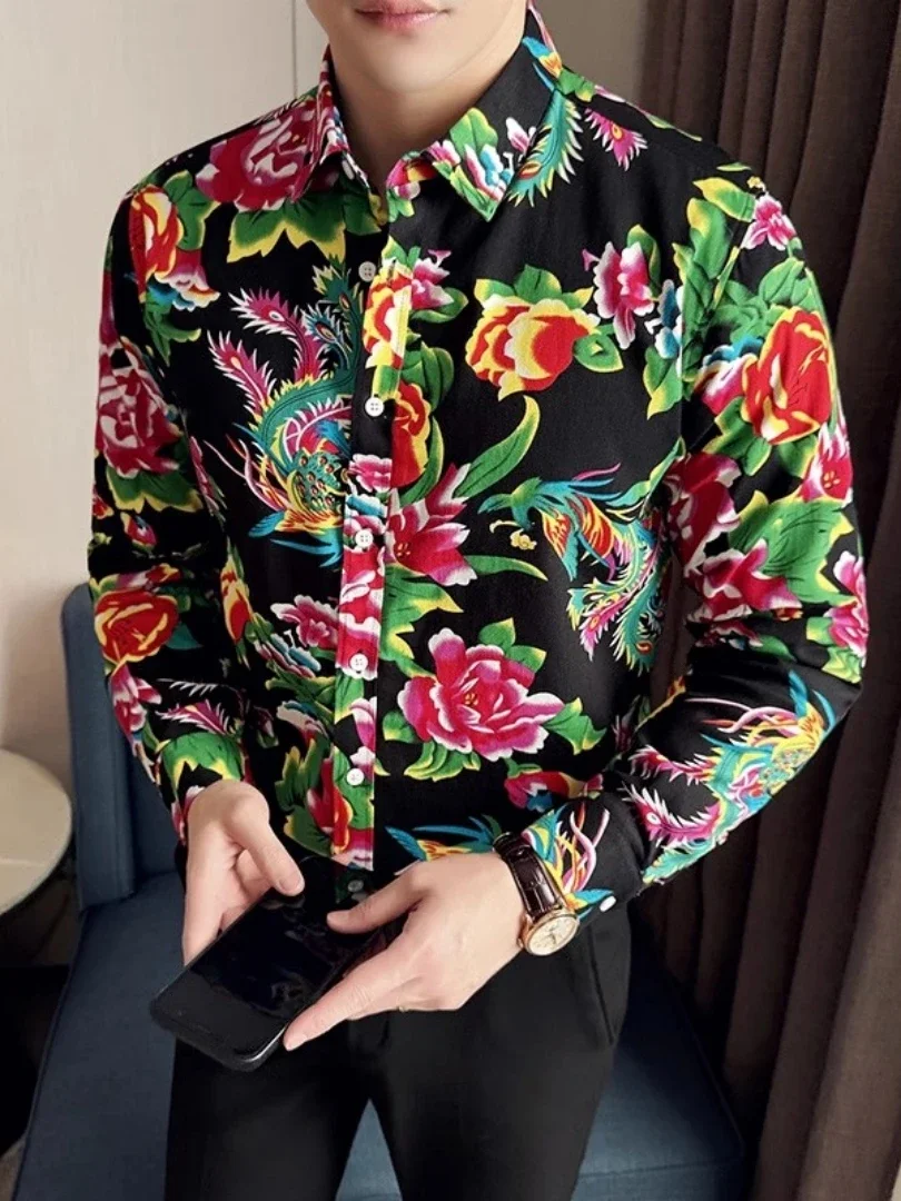 

2024 Spring Chinese Fashion Northeast Flower Graphic Pattern Chinese Red Shirt Men Women Long Sleeve Red Dress Shirt