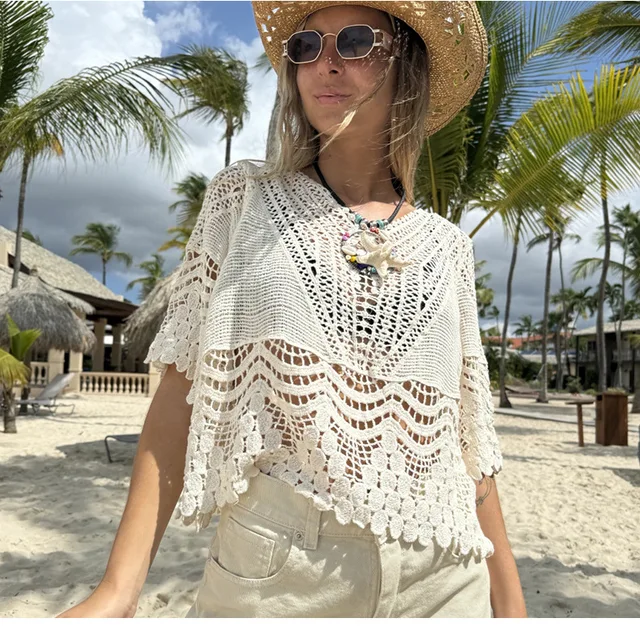 Canwedance Boho Hollow Out Tops Knitted Cotton Crochet T Shirts Round Neck Solid Color Beach Blusas Femme White Crop Tops 6