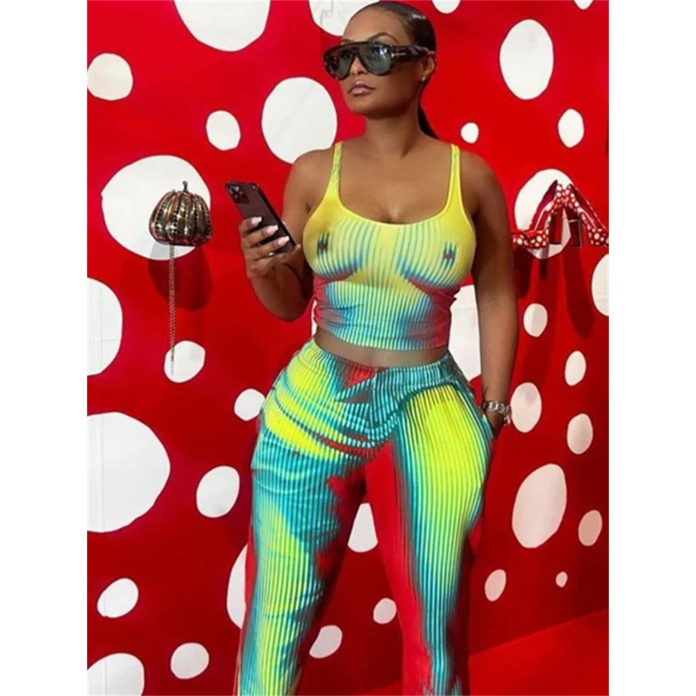 

Пикантный комплект из двух предметов с принтом тела, Женская майка без рукавов, короткий топ, облегающие прямые брюки с высокой талией и эластичным поясом, повседневный костюм